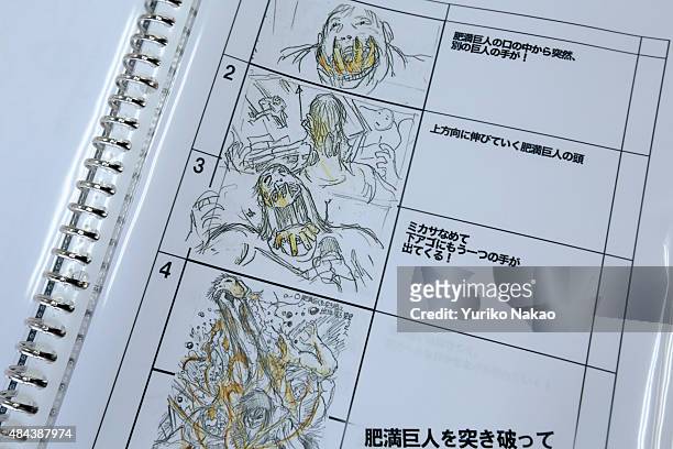 Storyboard drawn by director Shinji Higuchi for "Attack on Titan" is pictured at a working room in Toho Studios on April 4, 2014 in Tokyo, Japan.