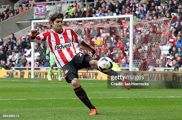 Marcos Alonso of Sunderland during the Barclays Premier League match between Sunderland and Everton at The Stadium of Light April 12, 2014 in...