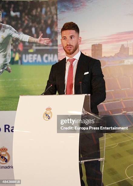 Sergio Ramos during a press conference to announce Ramos' new five-year contract with Real Madrid at the Santiago Bernabeu stadium on August 17, 2015...