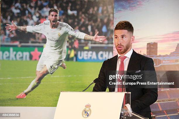 Sergio Ramos during a press conference to announce Ramos' new five-year contract with Real Madrid at the Santiago Bernabeu stadium on August 17, 2015...