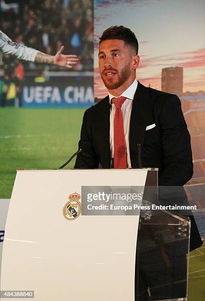Sergio Ramos during a press conference to announce Ramos' new five-year contract with Real Madrid at the Santiago Bernabeu stadium on August 17, 2015...