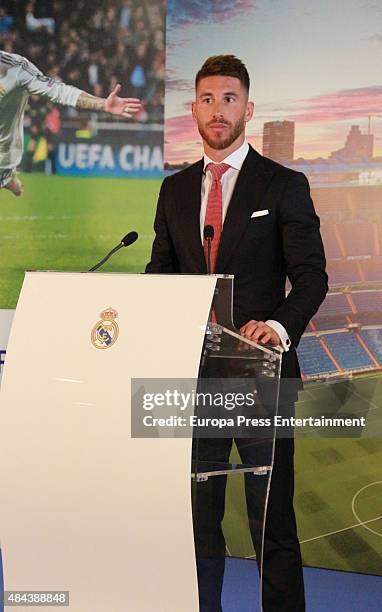 Sergio Ramos during a press conference to announce Ramos' new five-year contract with Real Madrid at the Santiago Bernabeu stadium on August 17, 2015...