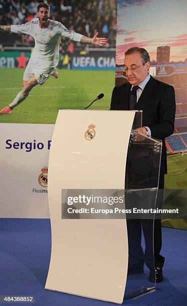 Florentino Perez during a press conference to announce Ramos' new five-year contract with Real Madrid at the Santiago Bernabeu stadium on August 17,...