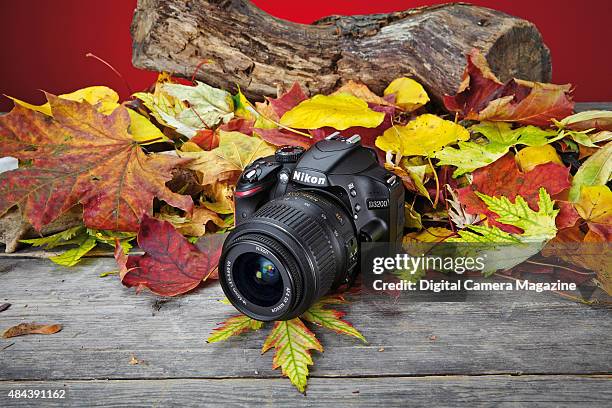 Nikon D3200 DSLR fitted with a 18-55mm lens photographed alongside horse chestnuts and colourful leaves, taken on October 1, 2014.