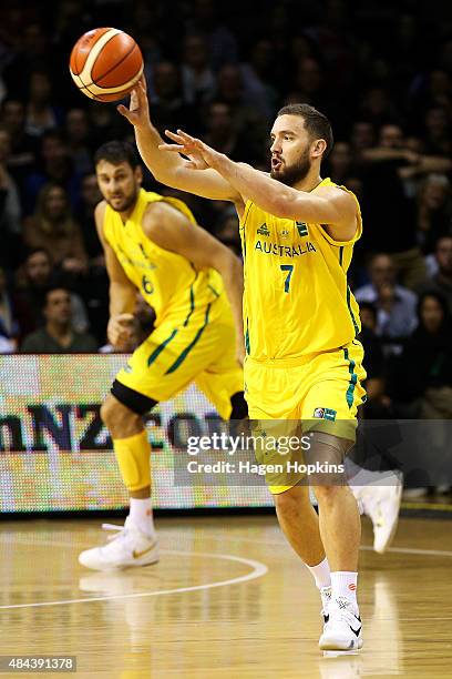 Adam Gibson of the Boomers passes during the game two match between the New Zealand Tall Blacks and Australian Boomers at at TSB Bank Arena on August...