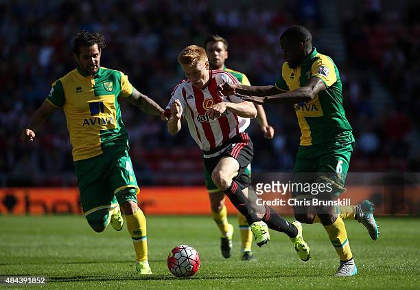 Duncan Watmore of Sunderland and Sebastien Bassong of Norwich City compete for the ball during the Barclays Premier League match between Sunderland...
