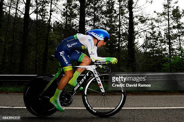 Simon Yates of Great Britain and Team Orica GreenEDGE in action during Stage Six of Vuelta al Pais Vasco on April 12, 2014 in Markina, Spain.