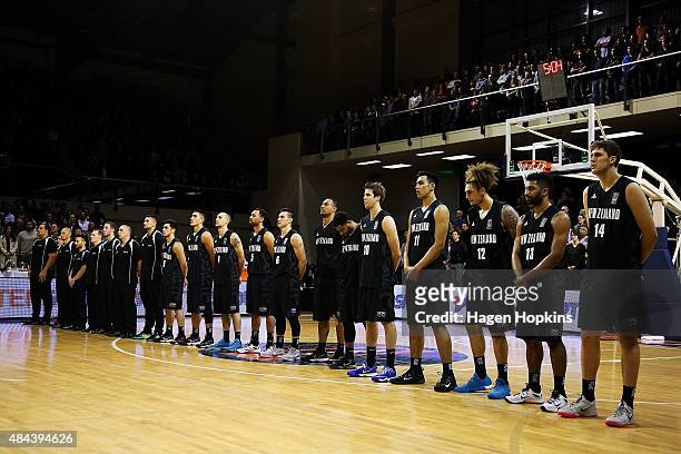New Zealand players line up for the national anthem during the game two match between the New Zealand Tall Blacks and Australian Boomers at at TSB...