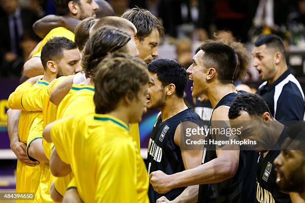 The Tall Blacks perform a haka during the game two match between the New Zealand Tall Blacks and Australian Boomers at at TSB Bank Arena on August...