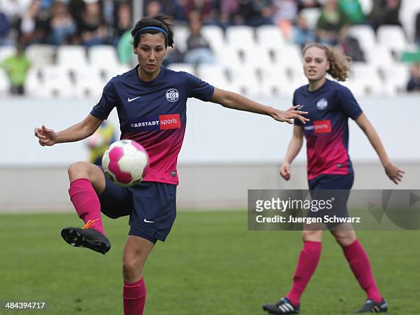 Sara Doorsoun-Khajehafter of Essen controls the ball during the women's DFB Cup semi final between SGS Essen and SC Freiburg on April 12, 2014 in...