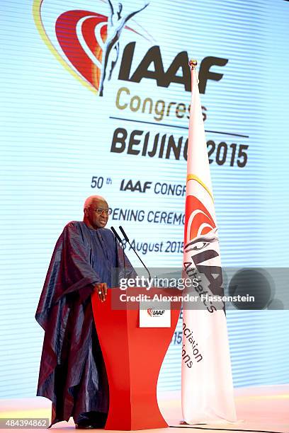 President Lamine Diack speaks during the IAAF Congress Opening Ceremony at the Great Hall of the People at Tiananmen Square on August 18, 2015 in...