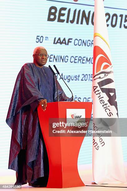 President Lamine Diack speaks during the IAAF Congress Opening Ceremony at the Great Hall of the People at Tiananmen Square on August 18, 2015 in...