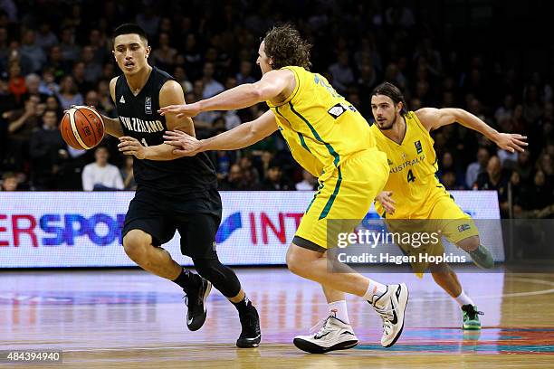 Reuben Te Rangi of the Tall Blacks is challenged by Cameron Bairstow of the Boomers during the game two match between the New Zealand Tall Blacks and...