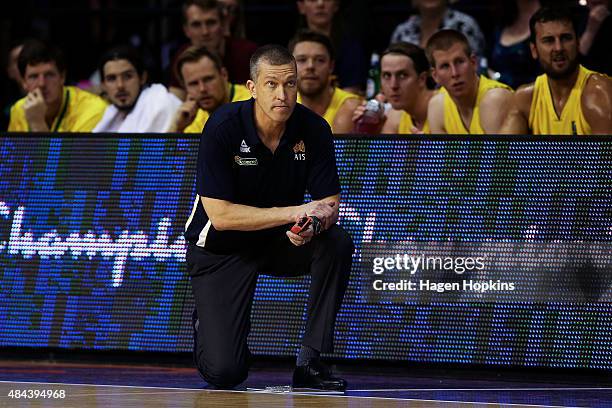 Andrej Lemanis of the Boomers looks on during the game two match between the New Zealand Tall Blacks and Australian Boomers at at TSB Bank Arena on...