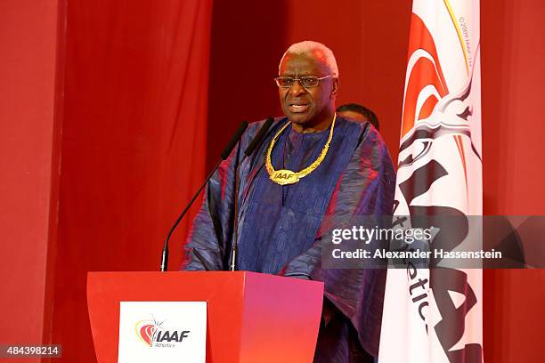 President Lamine Diack speaks during the IAAF Congress Opening Ceremony at the Great Hall of the People at Tiananmen Square on August 18, 2015 in...