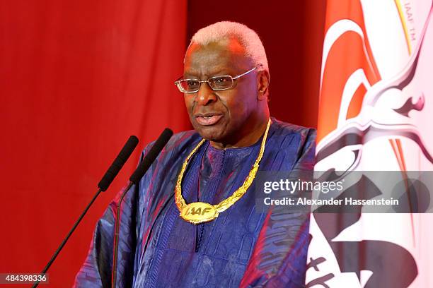 President Lamine Diack speaks during the IAAF Congress Opening Ceremony at the Great Hall of the People at Tiananmen Square on August 18, 2015 in...