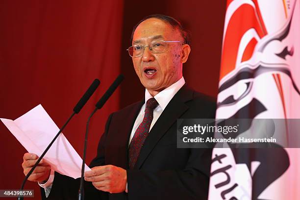 Liu Peng, Minister of Sports ot the People's Republic of China speaks during the IAAF Congress Opening Ceremony at the Great Hall of the People at...