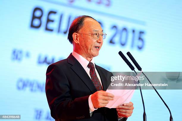 Liu Peng, Minister of Sports ot the People's Republic of China speaks during the IAAF Congress Opening Ceremony at the Great Hall of the People at...