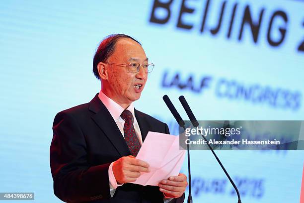 Liu Peng, Minister of Sports ot the People's Republic of China speaks during the IAAF Congress Opening Ceremony at the Great Hall of the People at...