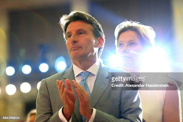 Lord Sebastian Coe attends with his wife Carole Coe the IAAF Congress Opening Ceremony at the Great Hall of the People at Tiananmen Square on August...