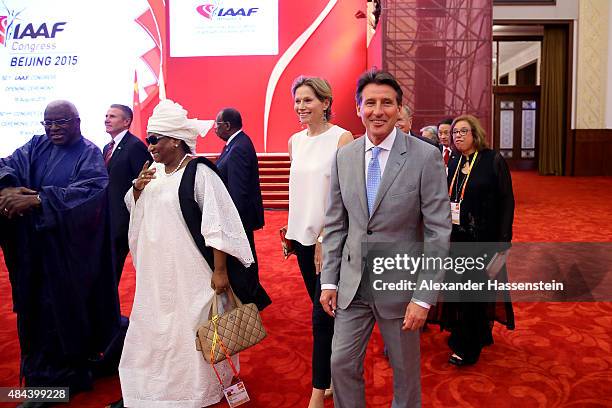 President Lamine Diack and his wife Bintou Diack arrives with Lord Sebastian Coe and his wife Carole Coe for the IAAF Congress Opening Ceremony at...