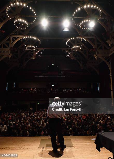 British Labour Party leadership contender Jeremy Corbyn addresses over a thousand supporters during a tea-time meeting as part of a nationwide...