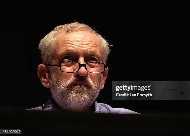 British Labour Party leadership contender Jeremy Corbyn addresses over a thousand supporters during a tea-time meeting as part of a nationwide...