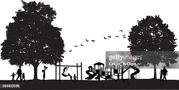 busy park scene with playground - kids playing in playset stock illustrations