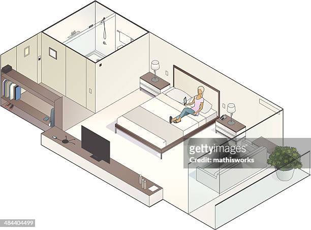 isometric hotel room illustration - postmodern stock illustrations