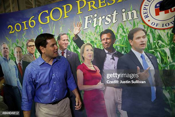 Republican presidential candidate and U.S. Sen. Marco Rubio visits the Republican Party of Iowa as he tours the Iowa State Fair on August 18, 2015 in...