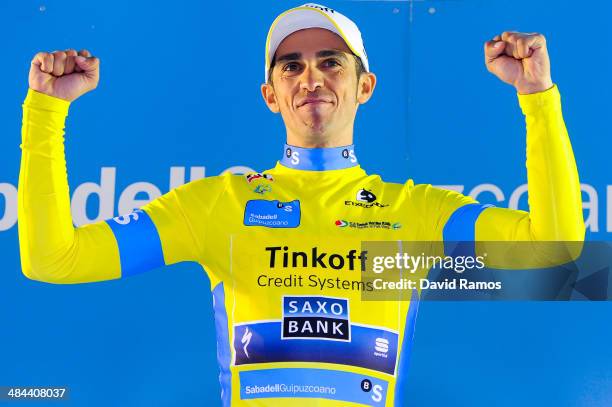 Alberto Contador of Spain and Team Tinkoff-Saxo celebrates on the final podium after overall victory in the Vuelta al Pais Vasco on April 12, 2014 in...