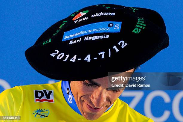 Alberto Contador of Spain and Team Tinkoff-Saxo celebrates on the final podium after overall victory in the Vuelta al Pais Vasco on April 12, 2014 in...