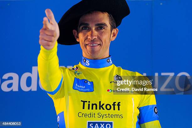 Alberto Contador of Spain and Team Tinkoff-Saxo celebrates on the final podium after overall victory in the Vuelta al Pais Vasco on April 12, 2014 in...