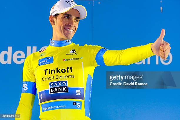 Alberto Contador of Spain and Team Tinkoff-Saxo celebrates on the final podium after overall victory in the Vuelta al Pais Vasco on April 12, 2014 in...