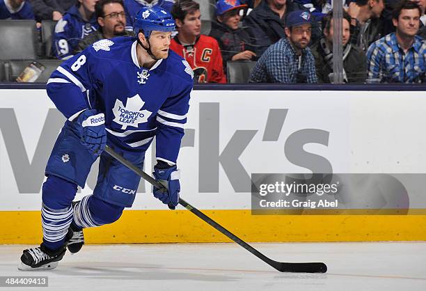Tim Gleason of the Toronto Maple Leafs skates during NHL game action against the Calgary Flames April 1, 2014 at the Air Canada Centre in Toronto,...