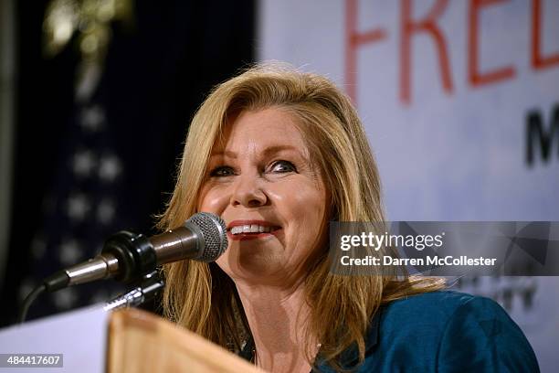 Representative Marsha Blackburn speaks at the Freedom Summit at The Executive Court Banquet Facility April 12, 2014 in Manchester, New Hampshire. The...