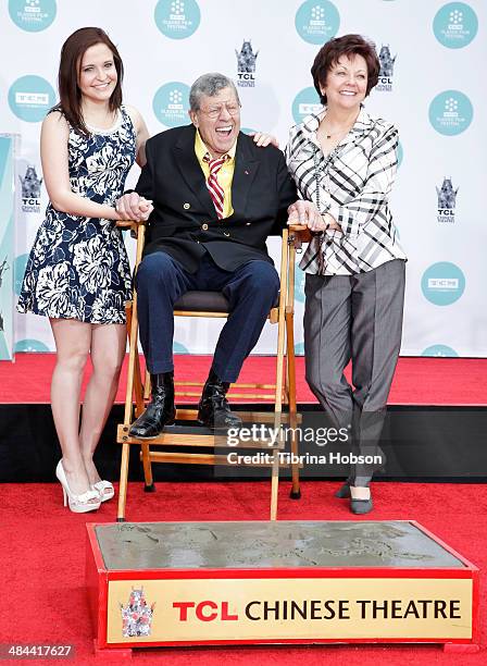 Danielle Sarah Lewis, Jerry Lewis and SanDee Pitnick attend a ceremony to honor Lewis with a hand and footprint ceremony at TCL Chinese Theatre IMAX...