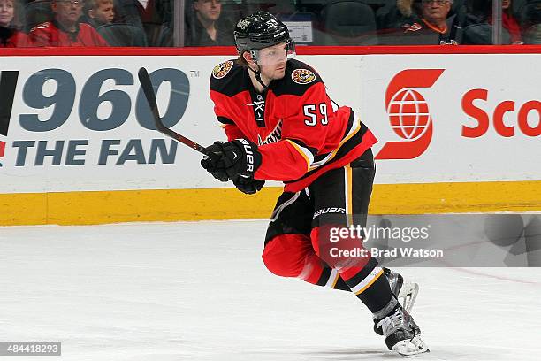 Max Reinhart of the Calgary Flames skates against the Ottawa Senators at Scotiabank Saddledome on March 5, 2014 in Calgary, Alberta, Canada. The...