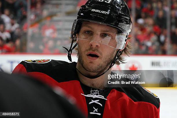 Max Reinhart of the Calgary Flames skates against the Ottawa Senators at Scotiabank Saddledome on March 5, 2014 in Calgary, Alberta, Canada. The...
