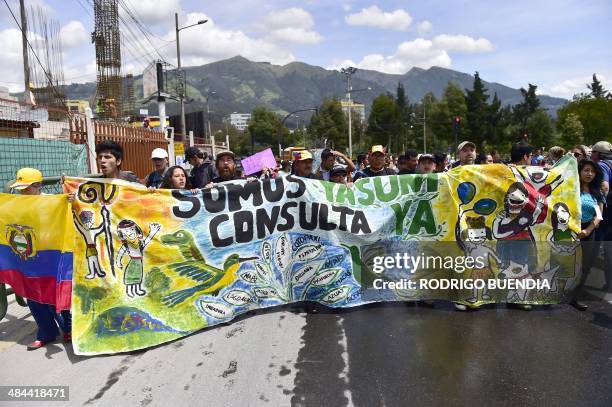 Huaorani natives and Yasunidos ecologist group activists march in Quito on April 12, 2014 toward the National Electoral Council to leave the...