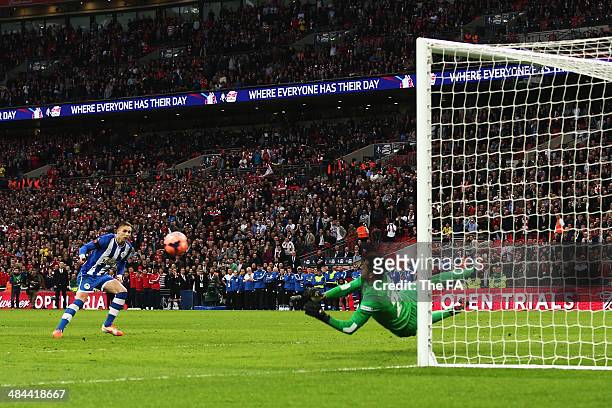 Jack Collison of Wigan Athletic fails to score a penalty in the penalty shoot-out during the FA Cup Semi-Final match between Wigan Athletic and...