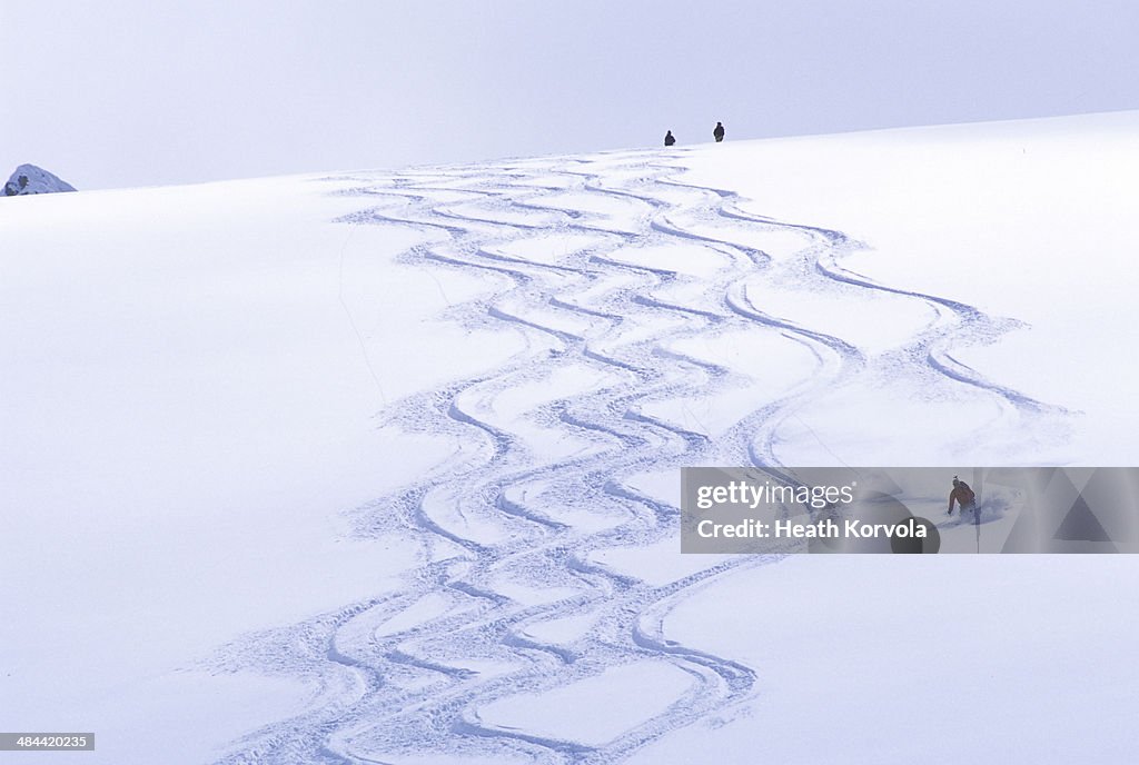 Backcountry skier matching tracks downhill.