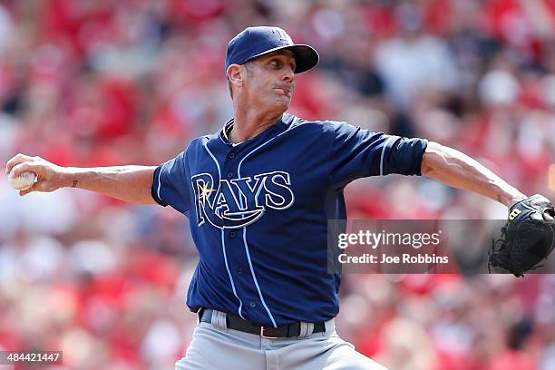 Grant Balfour of the Tampa Bay Rays pitches the ninth inning of the game against the Cincinnati Reds at Great American Ball Park on April 12, 2014 in...