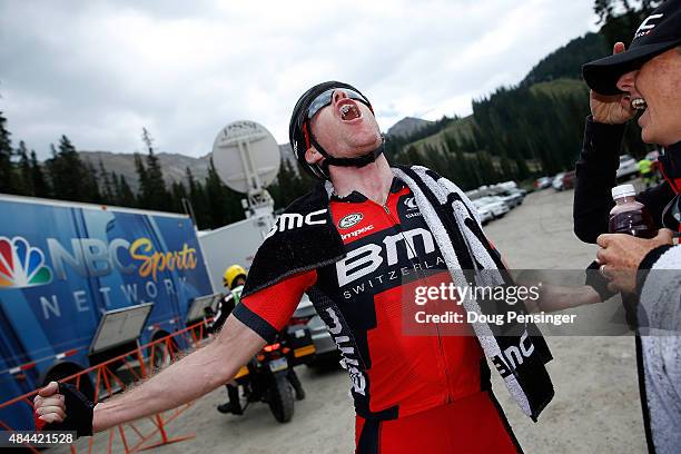 Brent Bookwalter of United States riding for BMC Racing celebrates when he learns he won stage two of the 2015 USA Pro Challenge from Steamboat...
