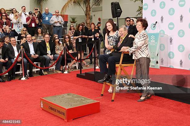 Danielle Sarah Lewis, comedian Jerry Lewis and SanDee Pitnick attend the Jerry Lewis Hand and Footprint Ceremony at TCL Chinese Theatre during the...