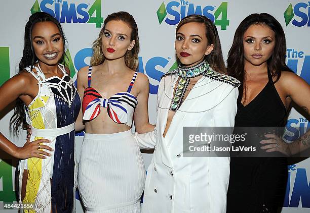 Leigh-Anne Pinnock, Perrie Edwards, Jade Thirlwall and Jesy Nelson of Little Mix pose in the green room at the 2015 Teen Choice Awards at Galen...
