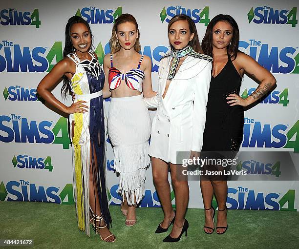 Leigh-Anne Pinnock, Perrie Edwards, Jade Thirlwall and Jesy Nelson of Little Mix pose in the green room at the 2015 Teen Choice Awards at Galen...