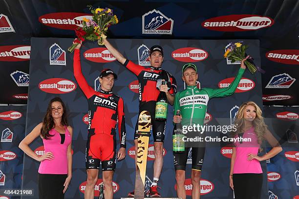 From left, in second place Rohan Dennis of Australia riding for BMC Racing stage winner Brent Bookwalter of United States riding for BMC Racing and...