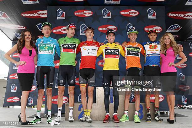 From left, Hugh Carthy of Great Britain riding for Caja Rural-Seguros RGA in the best young rider jersey, Taylor Phinney of United States riding for...