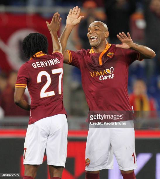 Gervinho with his teammate Maicon of AS Roma celebrates after scoring the third team's goal during the Serie A match between AS Roma and Atalanta BC...